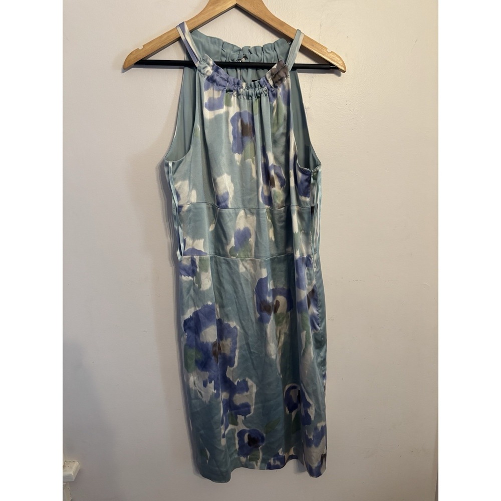 Ann Taylor Women's Blue Green Silk Watercolor Floral Sleeveless‎ Dress Size 14